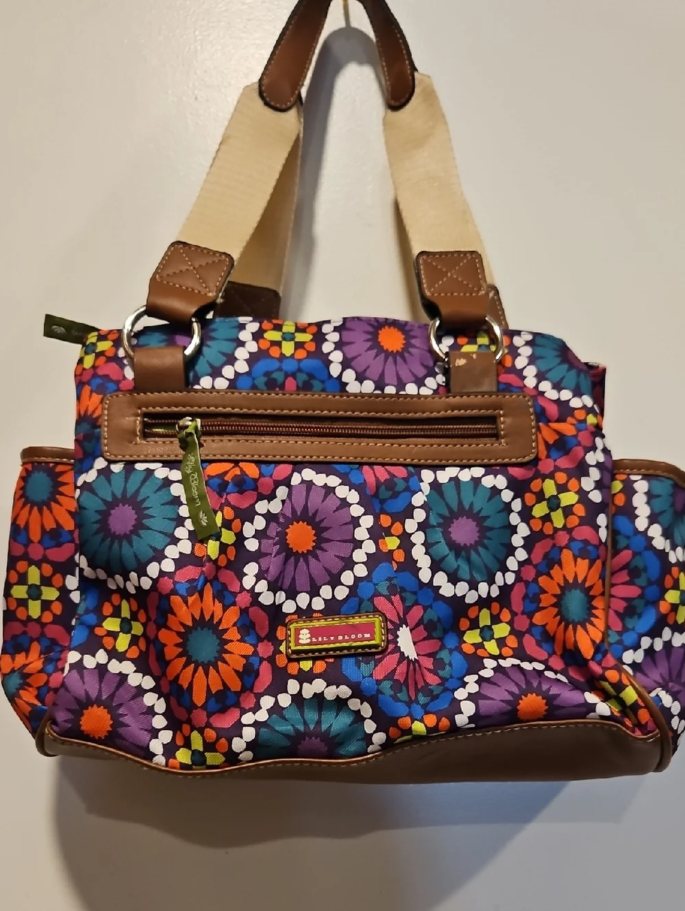 Colorful Floral Tote Bag with Brown Trim